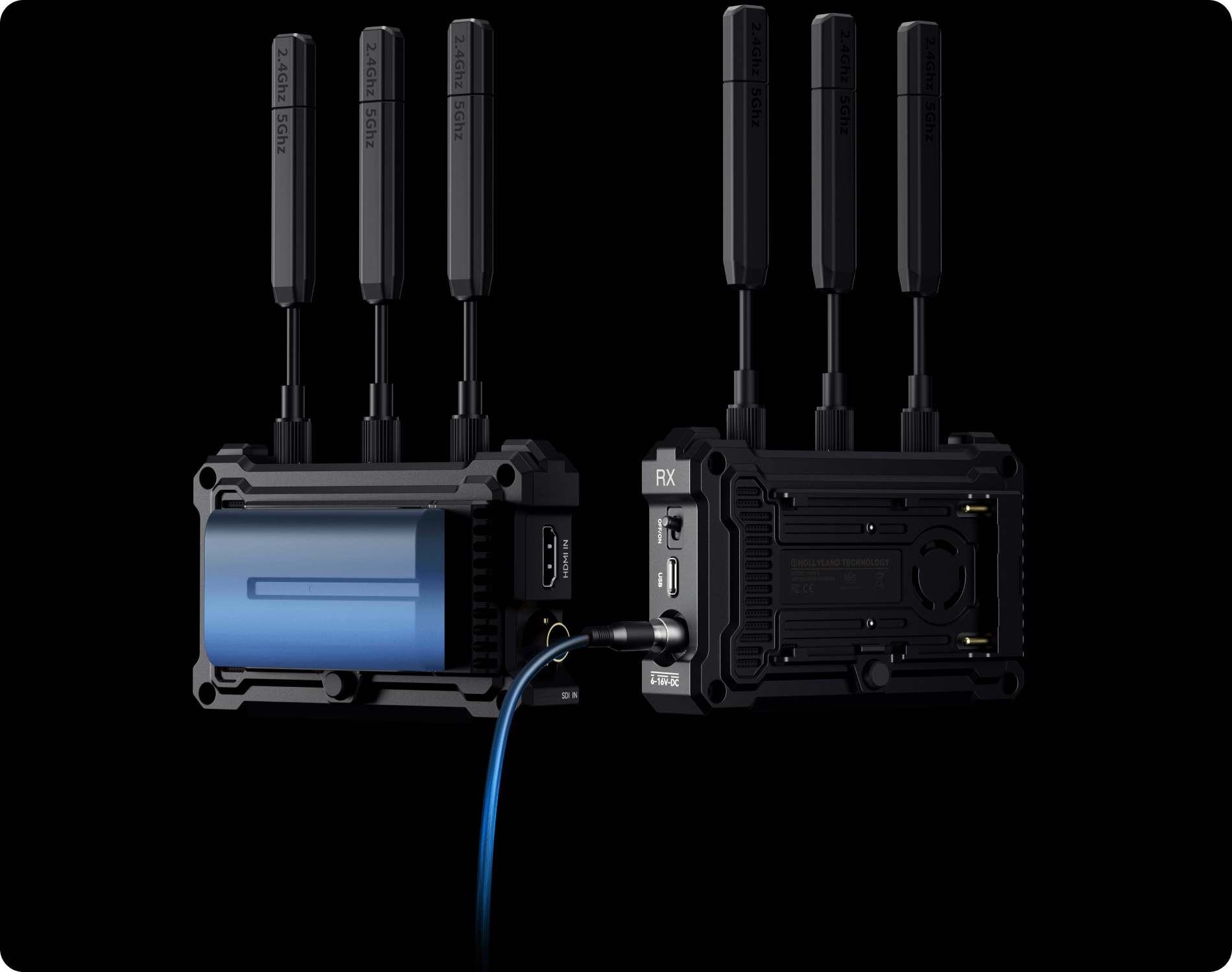 Hollyland Pyro S wireless video transmission system with transmitter and receiver units for professional video production.