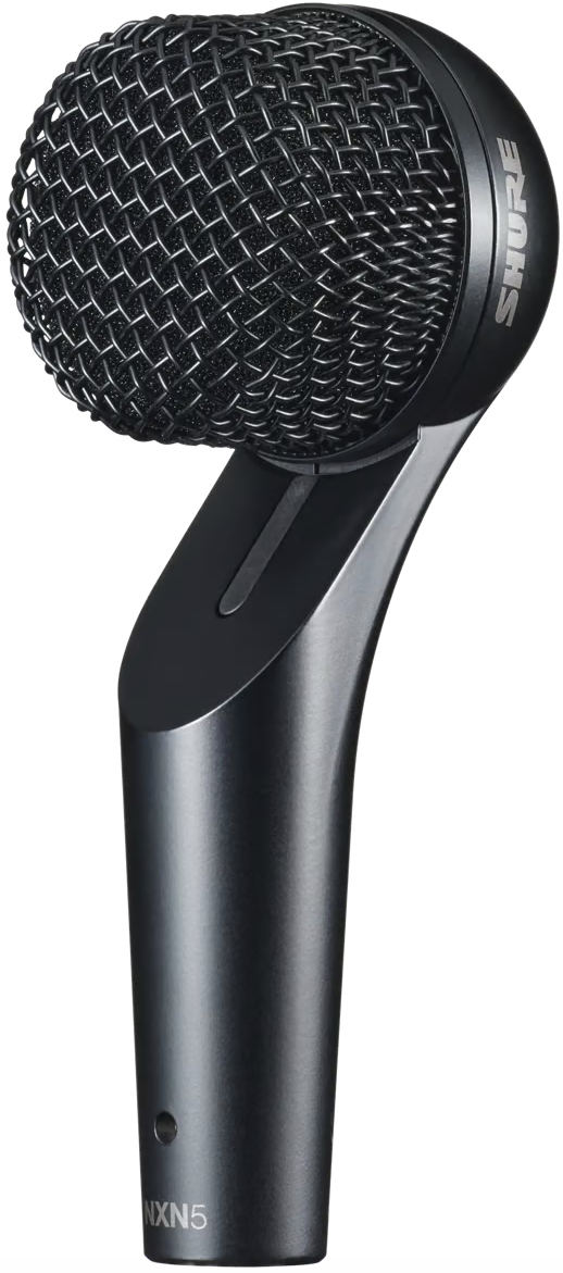 Shure Nexadyne 5 dynamic microphone with a sleek black design and built-in grip, ideal for professional audio recording.