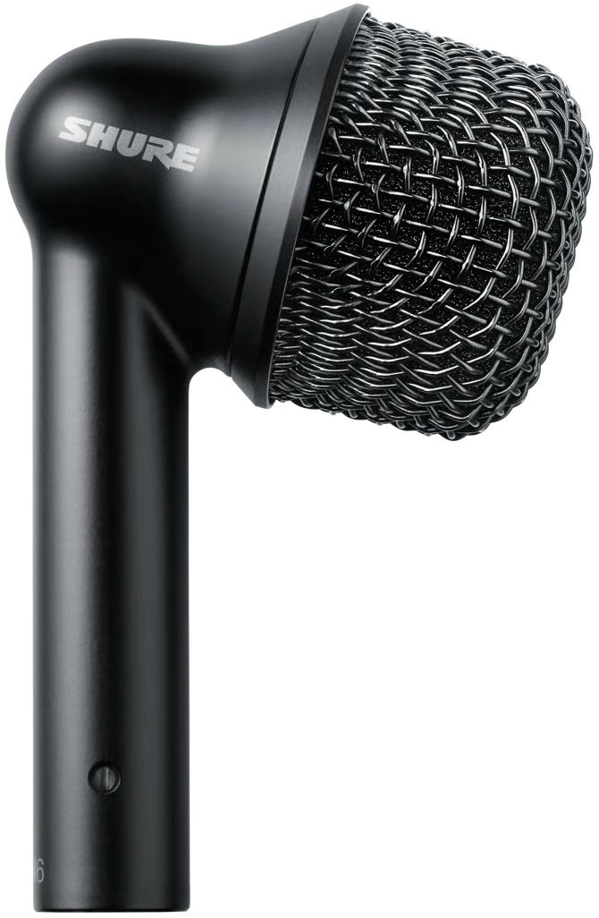 Shure Nexadyne 6 dynamic microphone with a sleek black body and grille, ideal for professional audio recording and live sound.