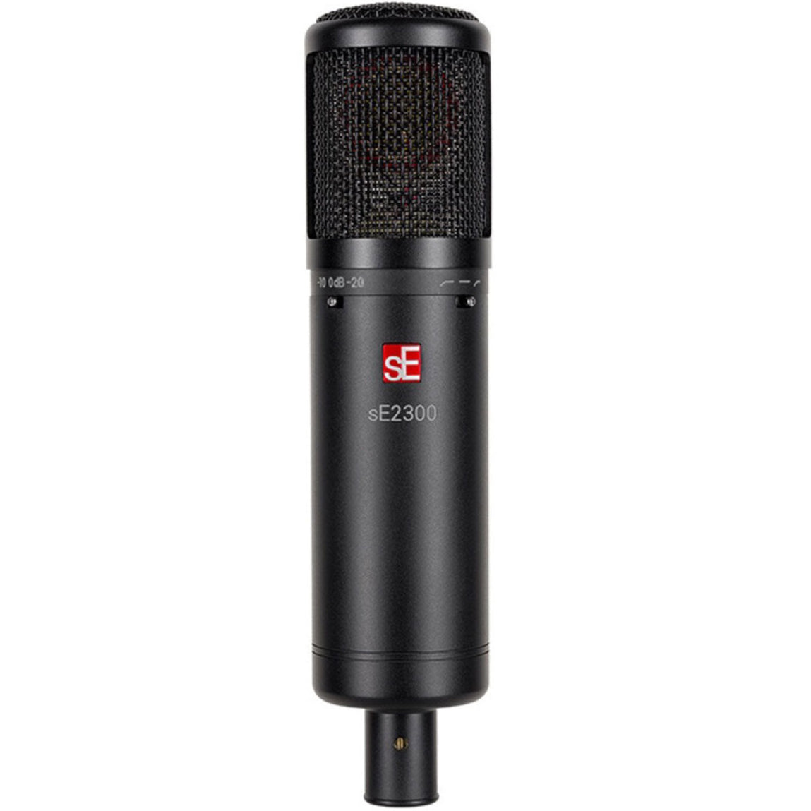 SE Electronics sE2300 condenser microphone shown with metal body and grille, ideal for studio recording and broadcasting.