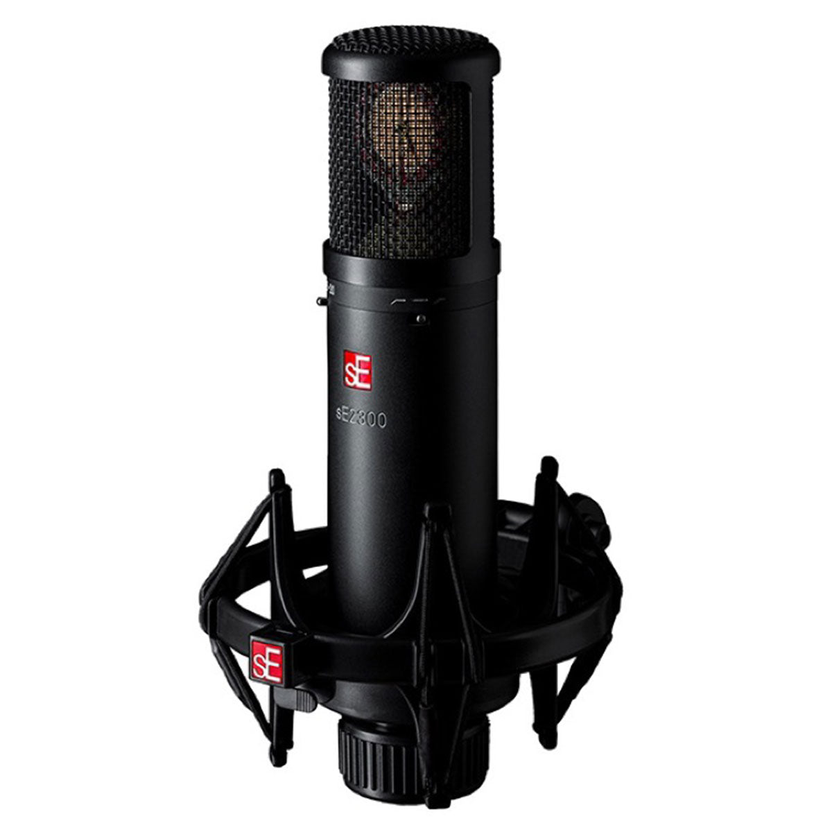sE Electronics sE2300 condenser microphone with metal body and grille, positioned on a stand, ready for professional audio recording.