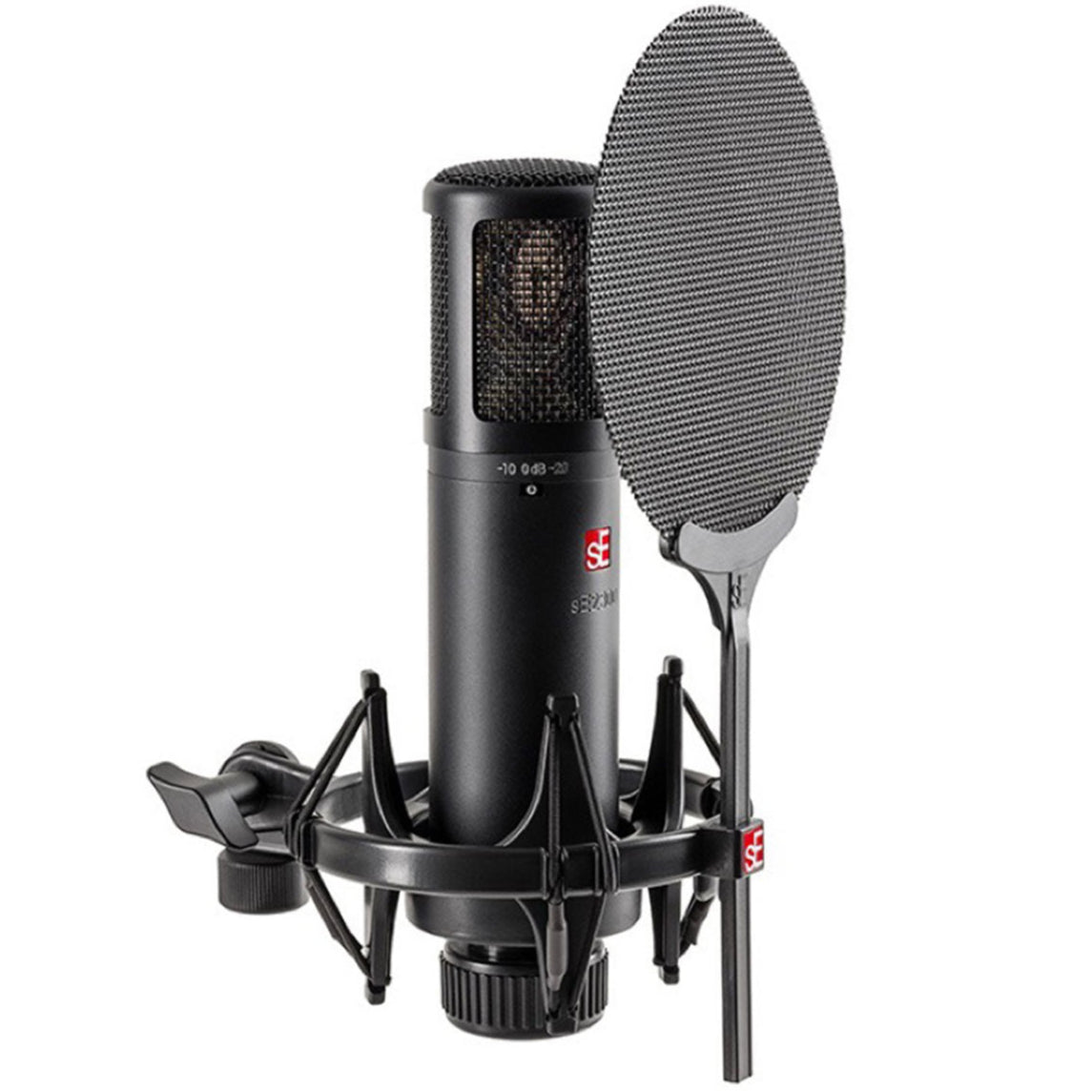 SE Electronics sE2300 condenser microphone with a sleek design, shown with its protective grille and professional build.