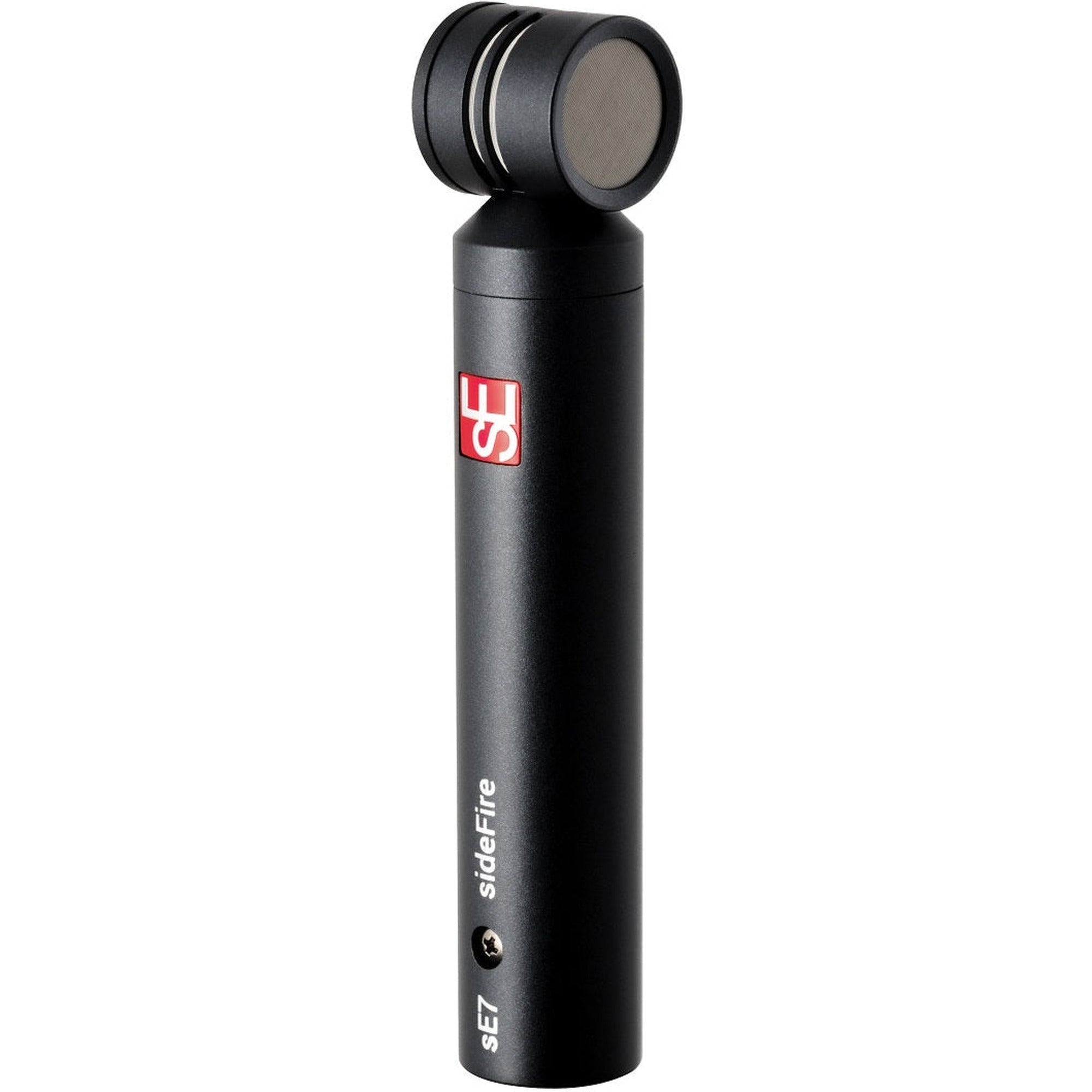 sE Electronics sE7 SideFire condenser microphone with side-fire capsule, shown with sleek black finish and professional audio equipment.