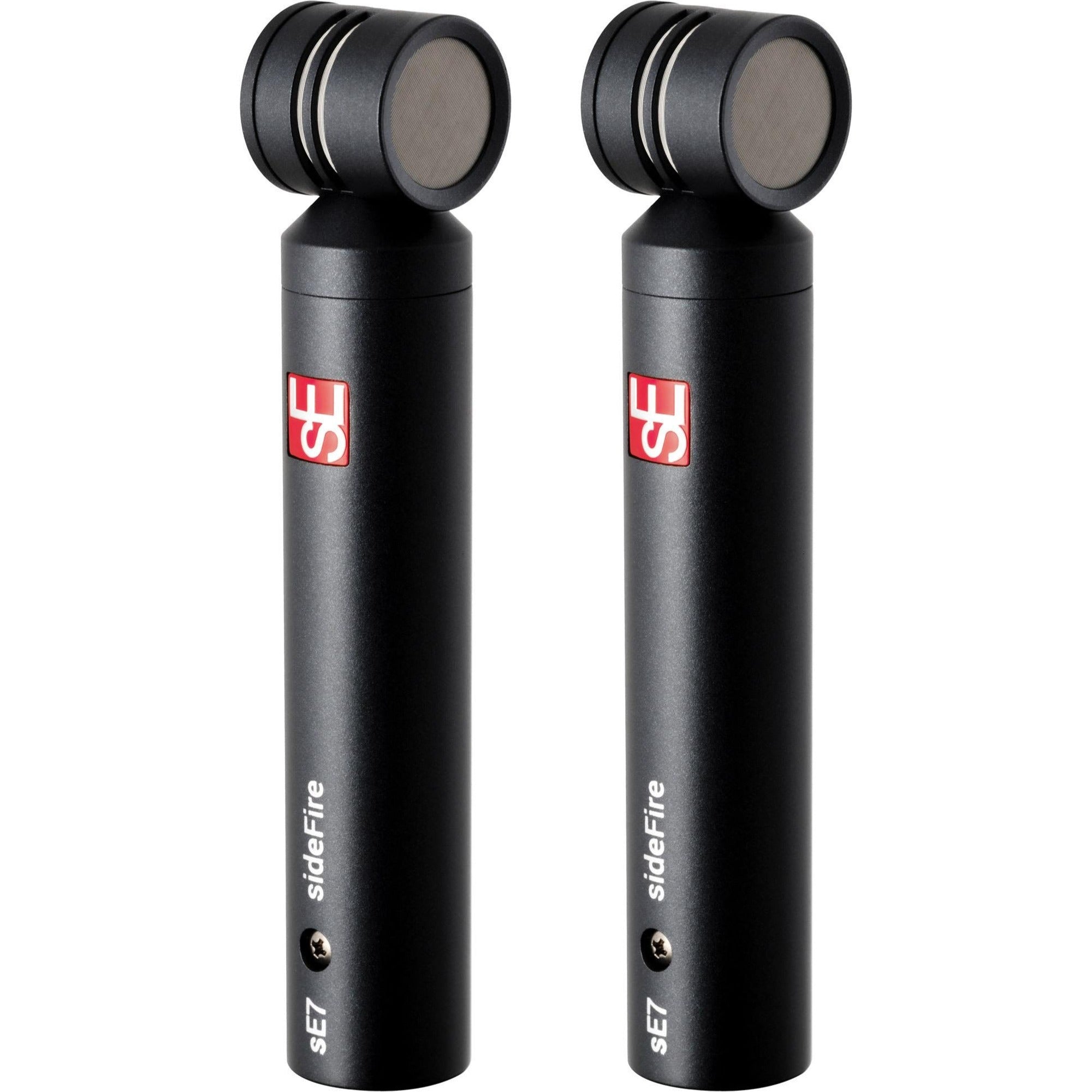 Pair of sE Electronics sE7 sideFire condenser microphones showing the sleek black design and side-fire capsule setup.