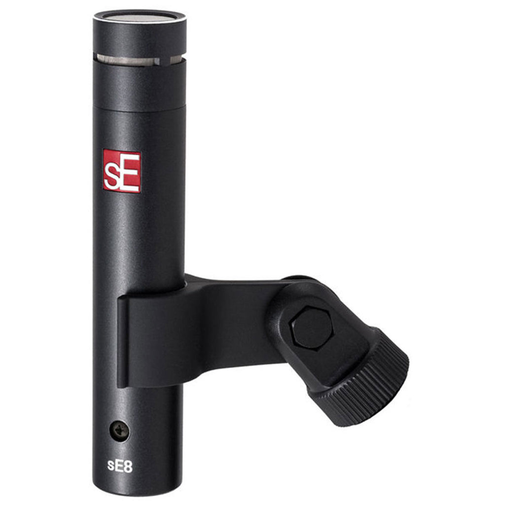Pair of SE Electronics sE8 condenser microphones showing their sleek, professional studio microphones with black finish and gold accents.