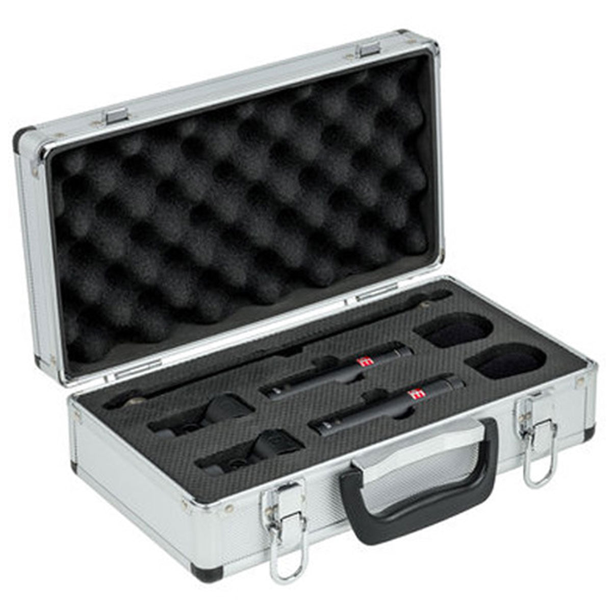 Pair of SE Electronics sE8 condenser microphones with black bodies and silver grille, set against a neutral background.