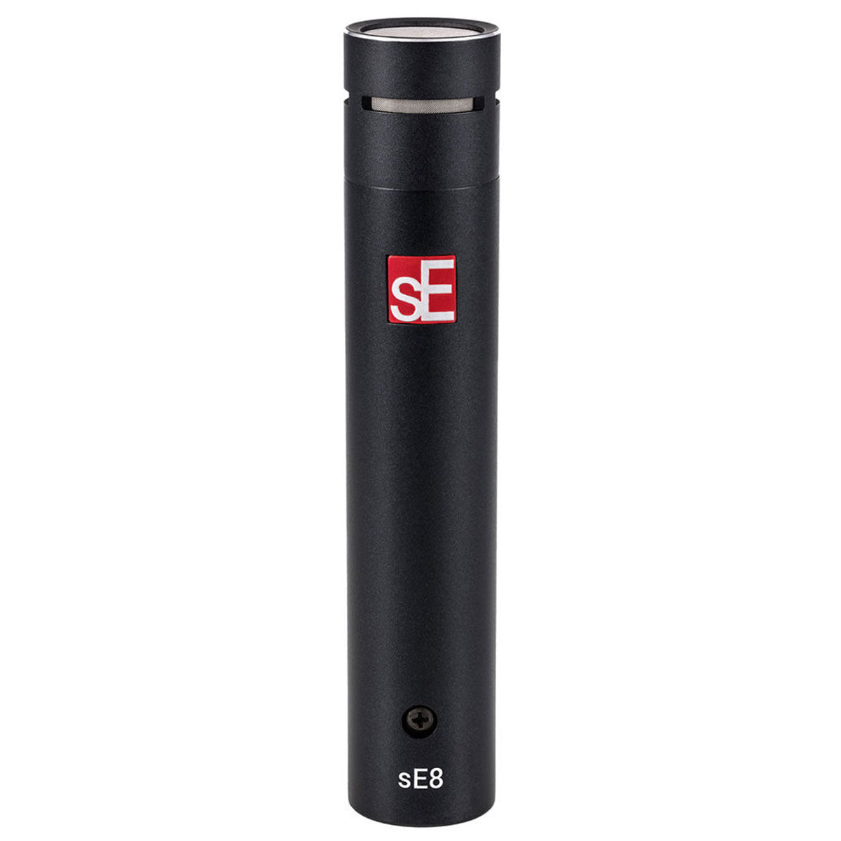 Pair of SE Electronics sE8 condenser microphones shown in stereo configuration on a stand, showcasing professional audio recording equipment.
