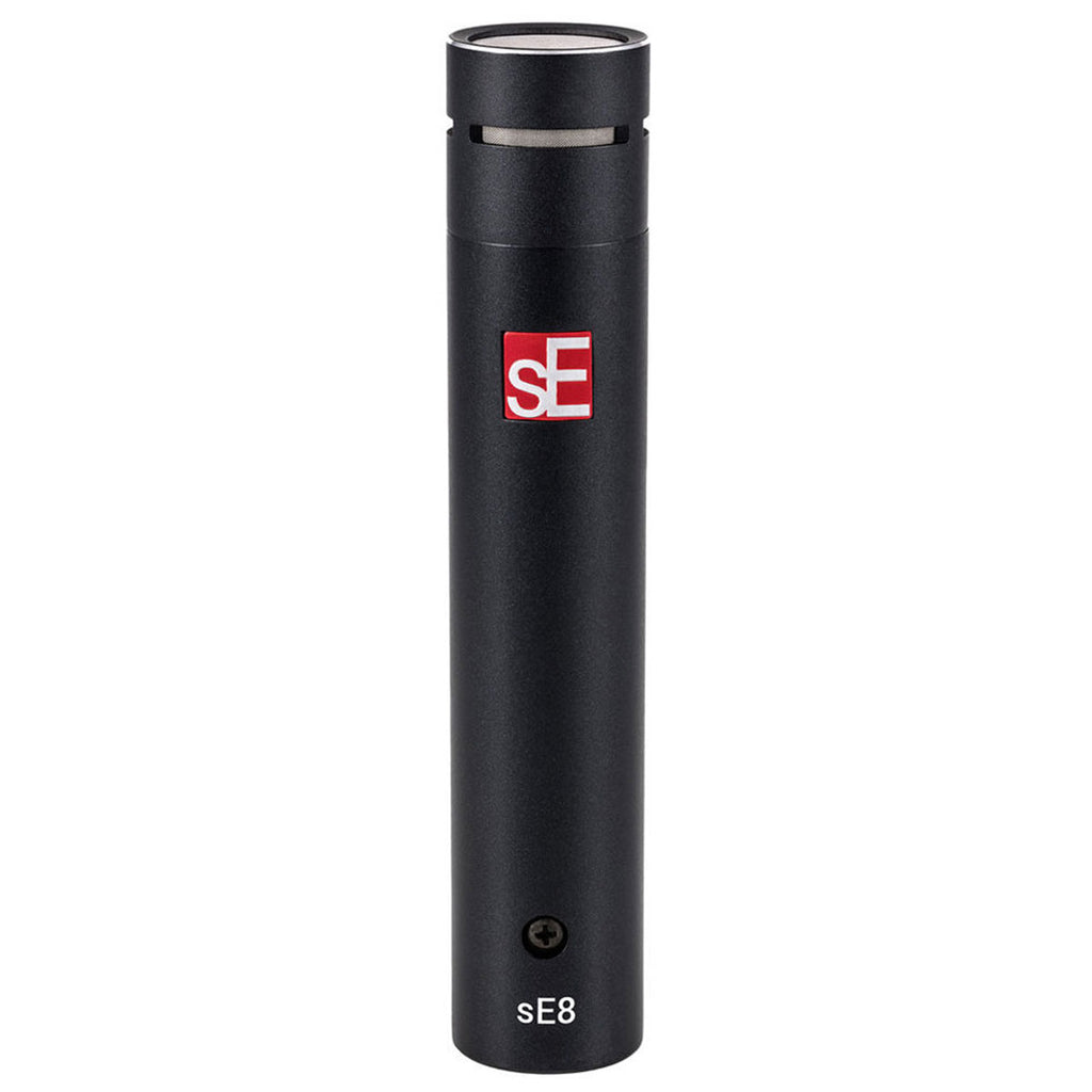 Pair of SE Electronics sE8 condenser microphones for stereo recording, featuring sleek black design and professional audio quality.