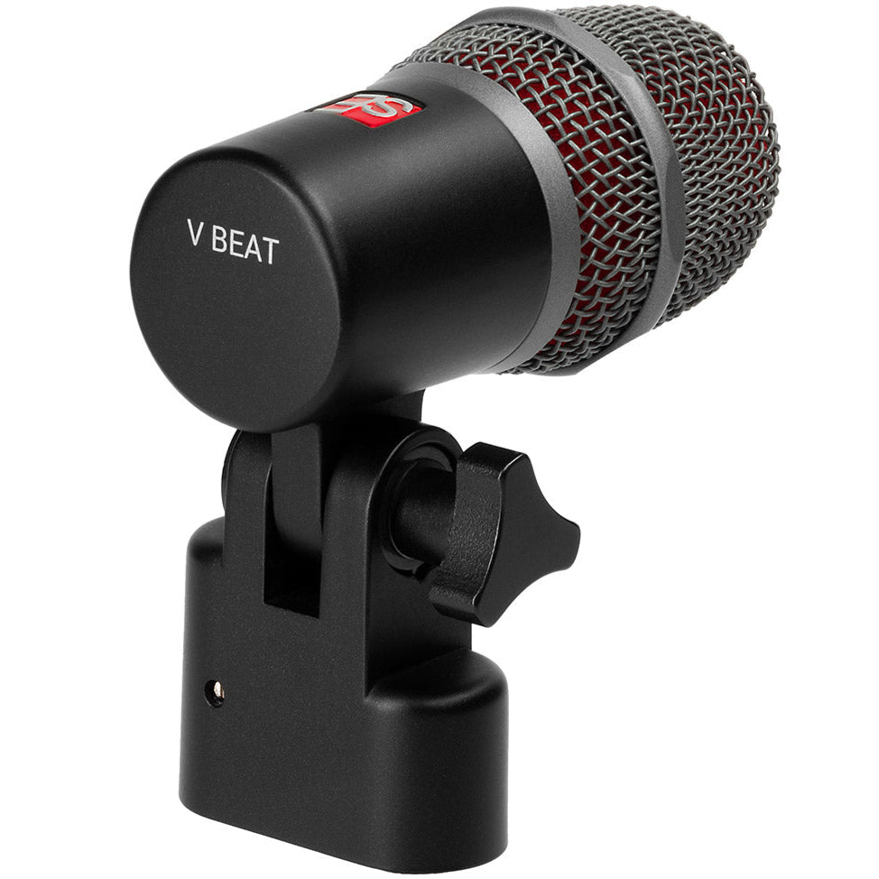 SE Electronics V BEAT dynamic microphone shown on a stand, ideal for vocals and instruments in recording and live performances.