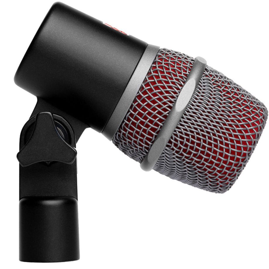 SE Electronics V BEAT dynamic microphone, close-up view showing its sleek black design and built-in controls.