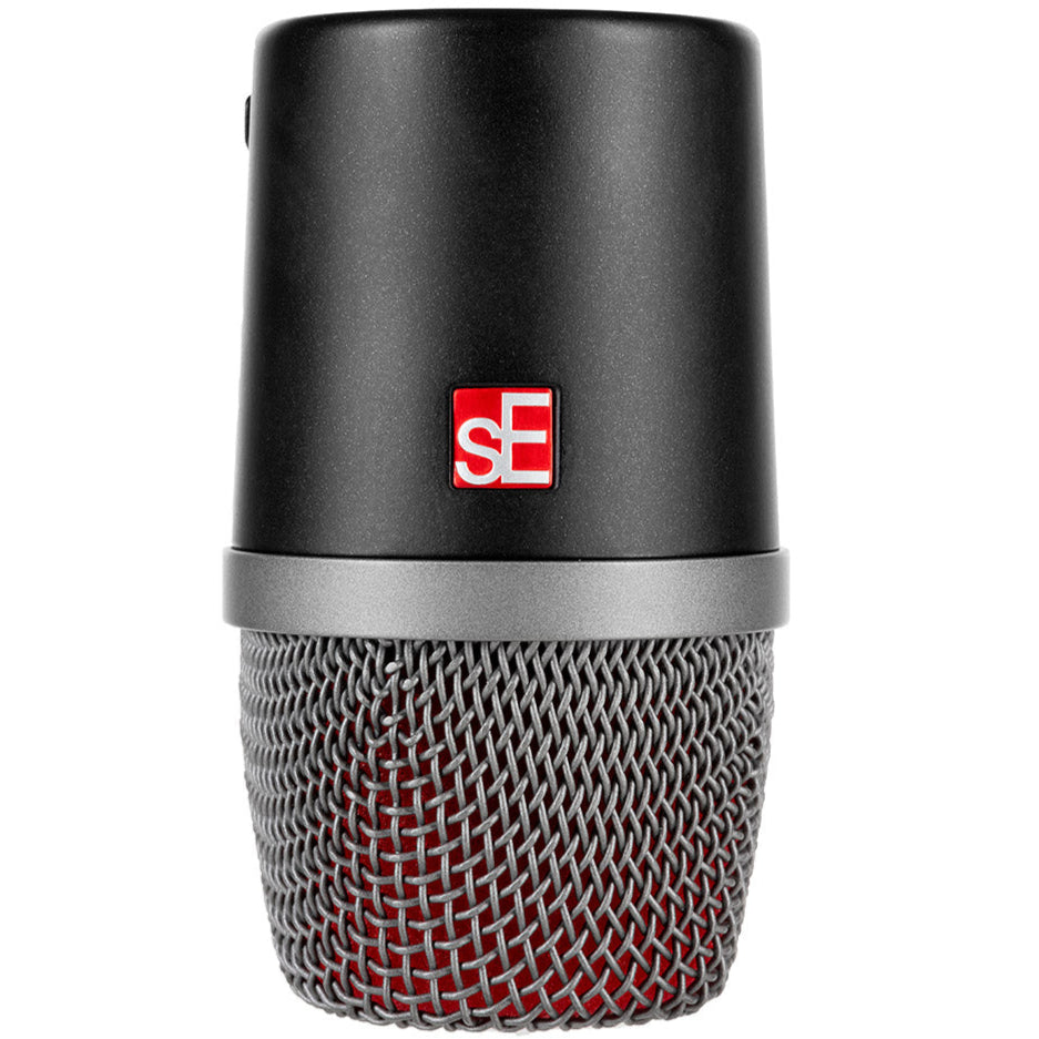 SE Electronics V KICK dynamic microphone shown on a stand, designed for kick drum and percussion recording, with a rugged metal body.
