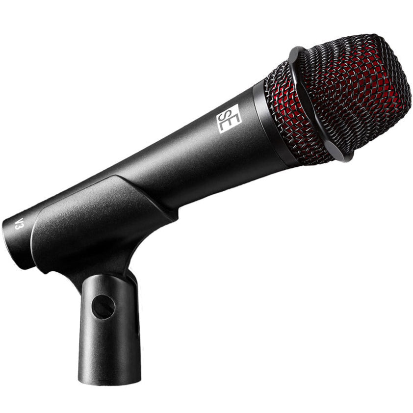 SE Electronics V3 dynamic microphone without switch, showing its sleek cylindrical design and professional-grade grille.