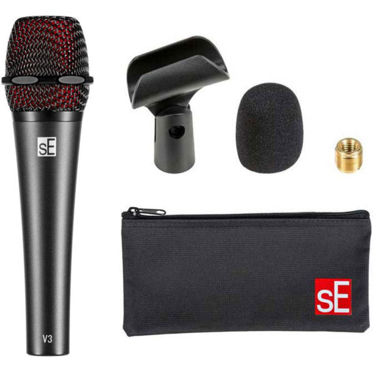SE Electronics V3 dynamic microphone without switch, showing a professional black microphone with grille and control features.