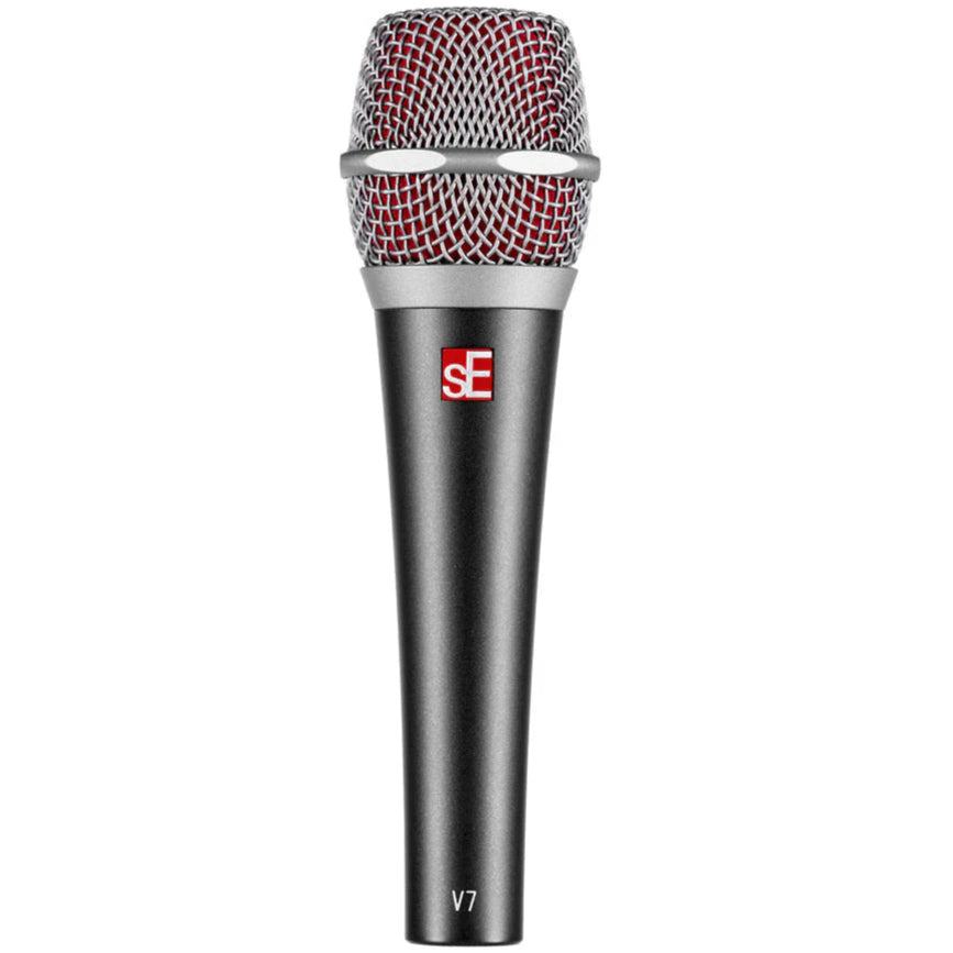 SE Electronics V7 dynamic microphone without switch, showing black body and grille for professional vocal and instrument recording.