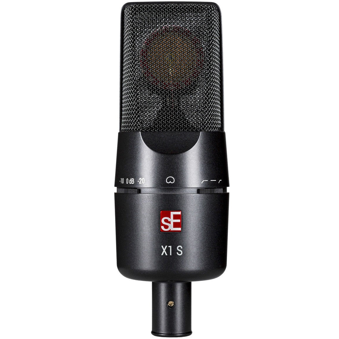 sE Electronics X1 S condenser microphone with a sleek black design and adjustable stand mount on a white background.