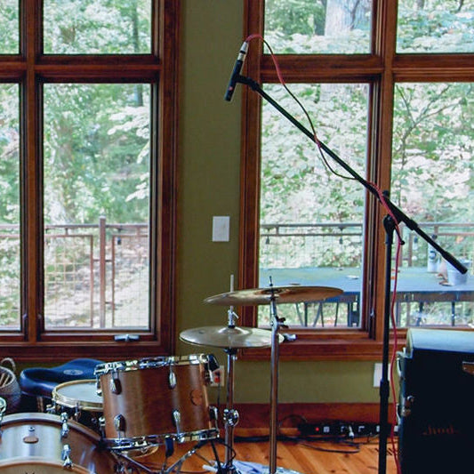 Pair of sE Electronics sE7 condenser microphones shown on a stand, professional studio microphones for high-quality audio recording.
