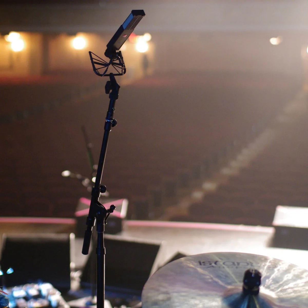 SE Electronics VR2 dynamic microphone mounted overhead for professional vocal or instrument recording.
