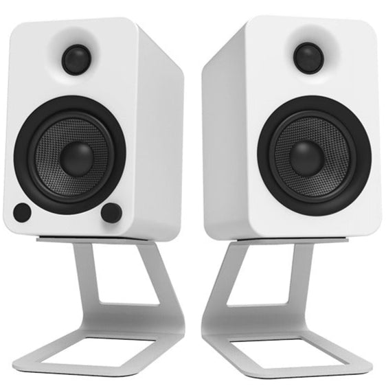 Kanto Audio SE4 speaker stands shown from the back, featuring adjustable height and sturdy metal construction for audio setup.