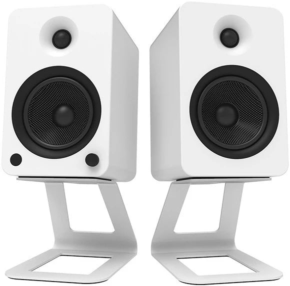 Kanto Audio SE6 speaker stands with black metal construction, shown from the back with mounting hardware and cable management features.