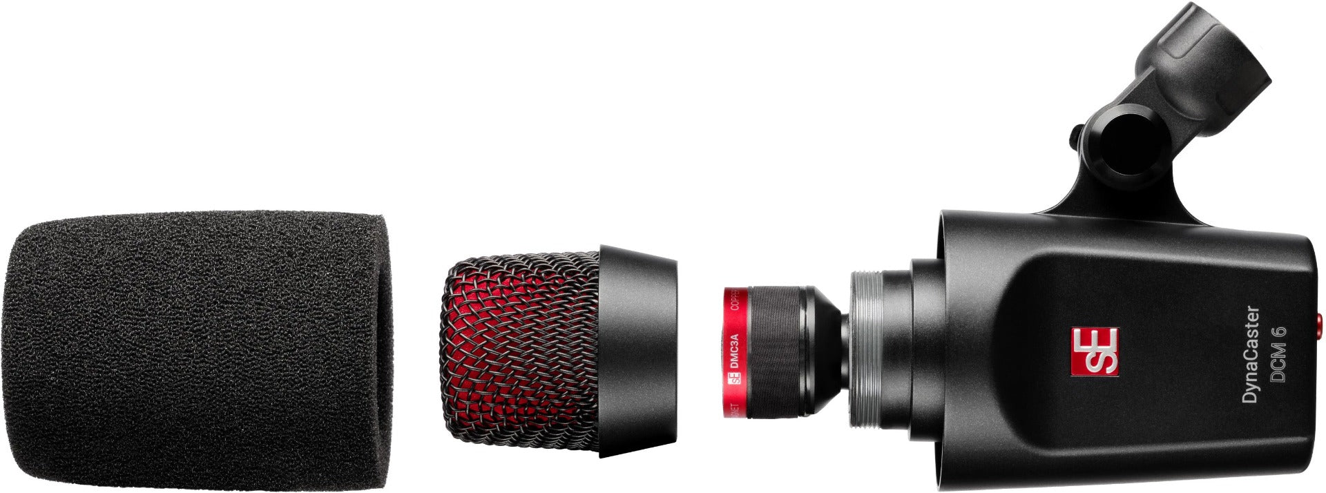 SE Electronics The DynaCaster DCM6 dynamic microphone with a black body and silver grille, ideal for vocal and instrument recording.