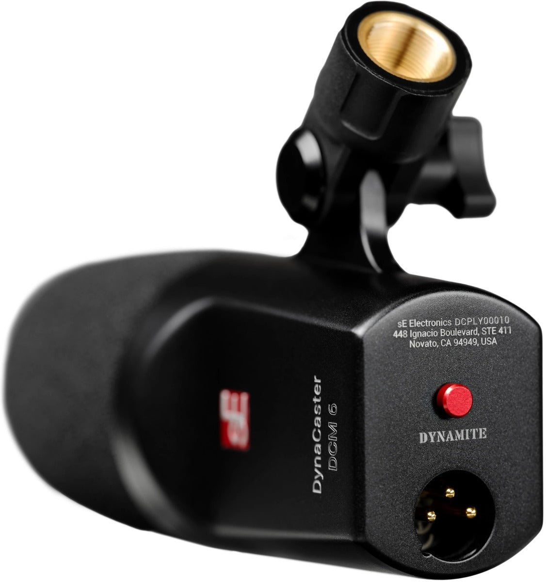 SE Electronics The DynaCaster DCM6 dynamic microphone with a sturdy black body and grille, ideal for live performances and studio use.
