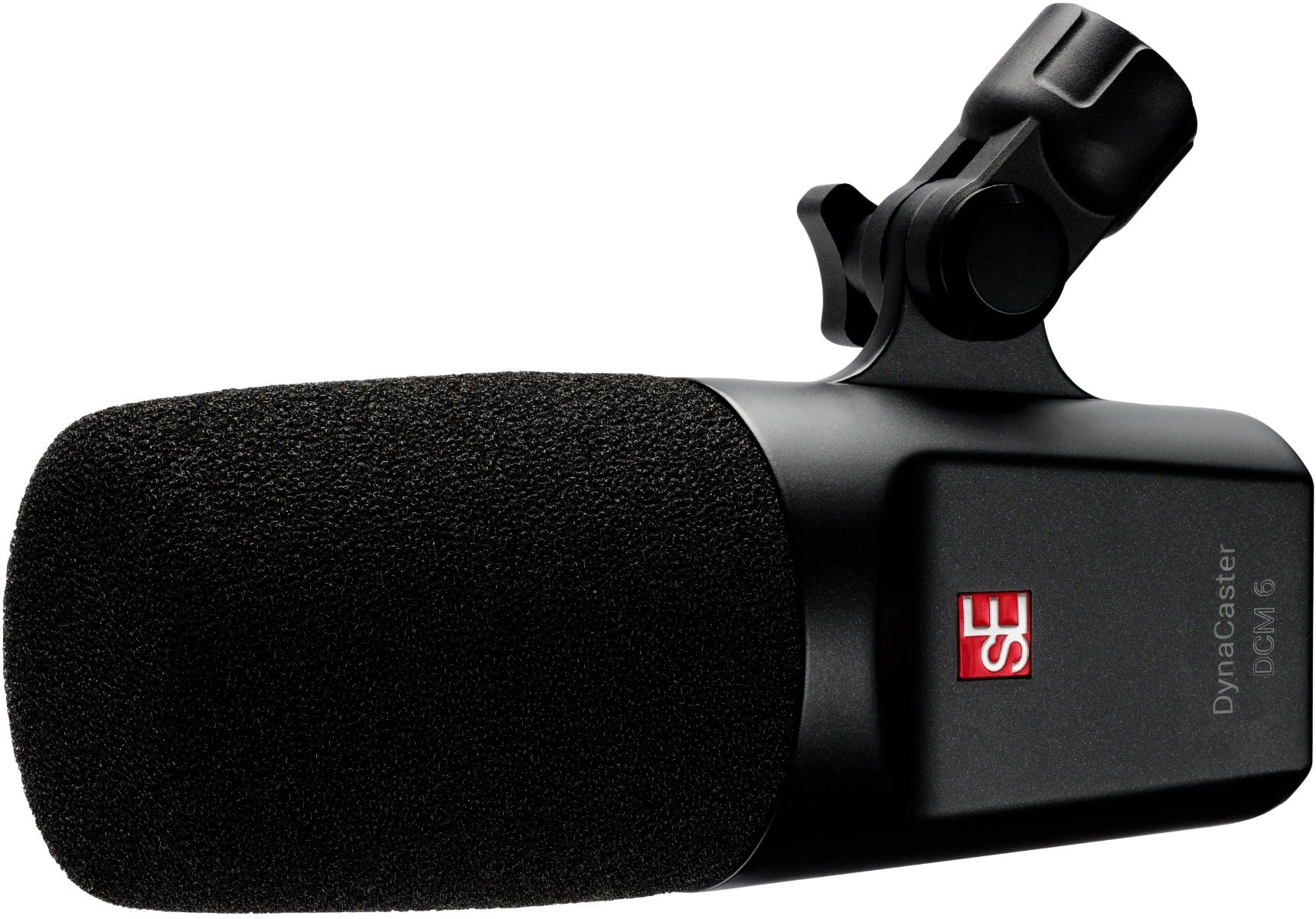 SE Electronics The DynaCaster DCM6 dynamic microphone with a sleek black body and silver grille for professional audio recording and live sound.