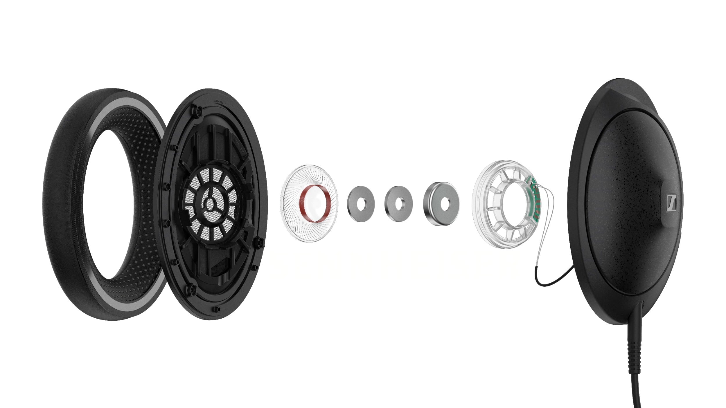 Exploded view of Sennheiser HD 620S headphones showing internal components and construction details.