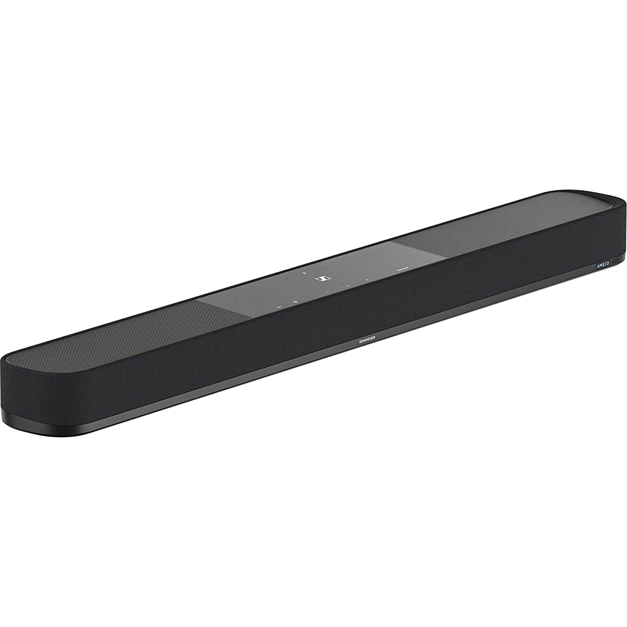 Sennheiser Ambeo Soundbar Plus with sleek black design and multiple speaker drivers for immersive TV audio.