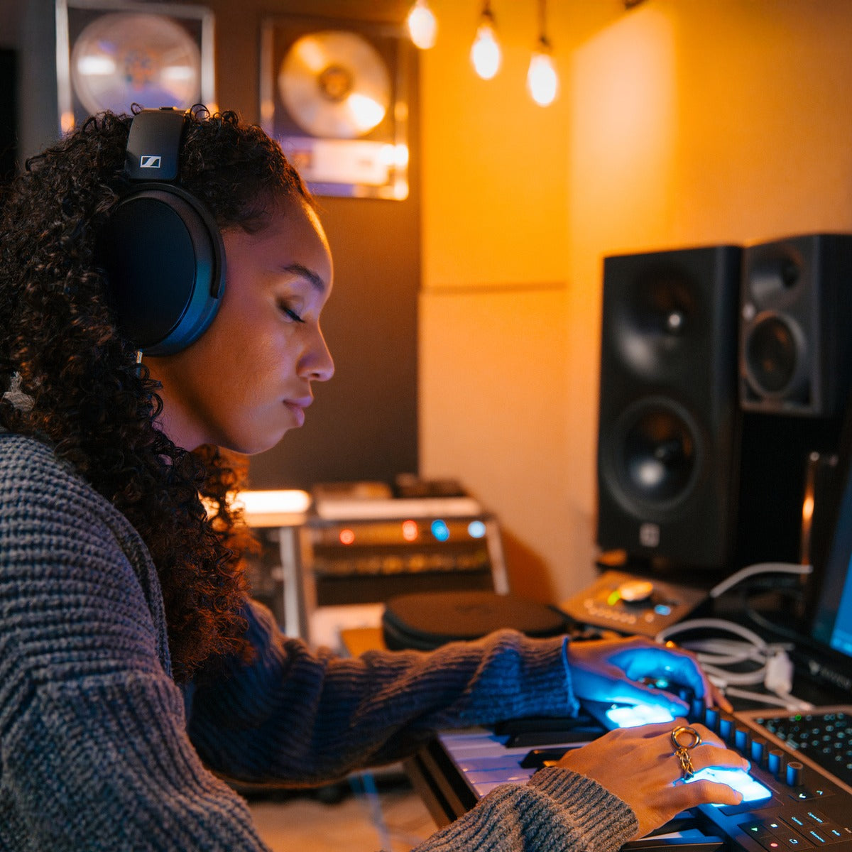 Sennheiser HD 480 Pro Plus studio headphones worn by a user, showcasing over-ear design and adjustable headband.