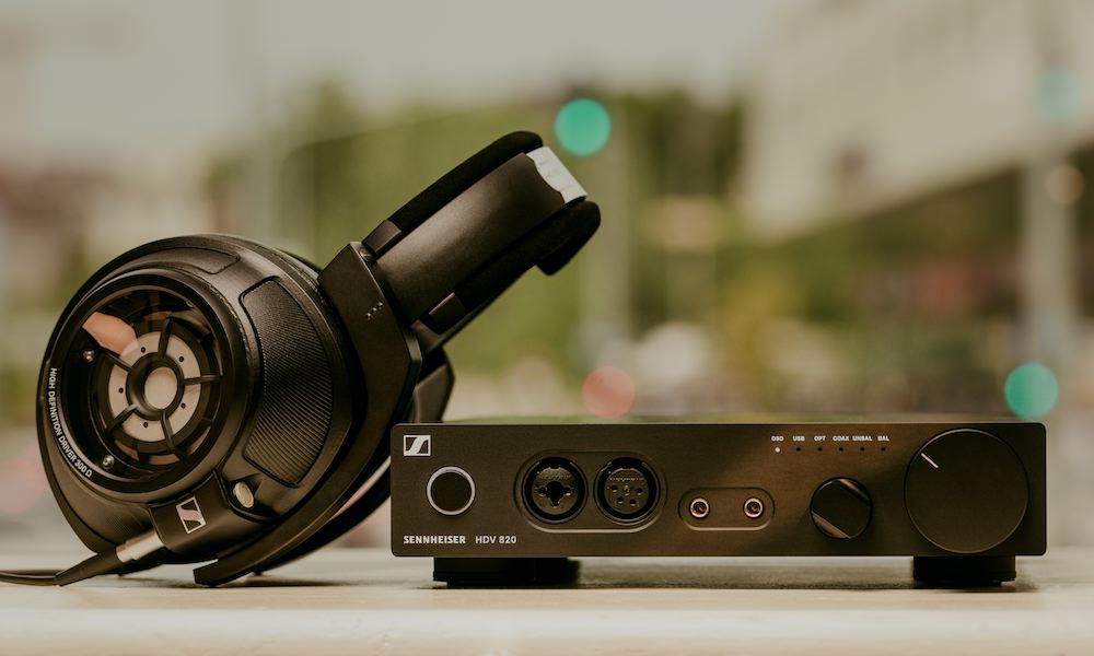 Sennheiser HDV 820 EU headphone amplifier and DAC combo with sleek black design and control knobs on front panel