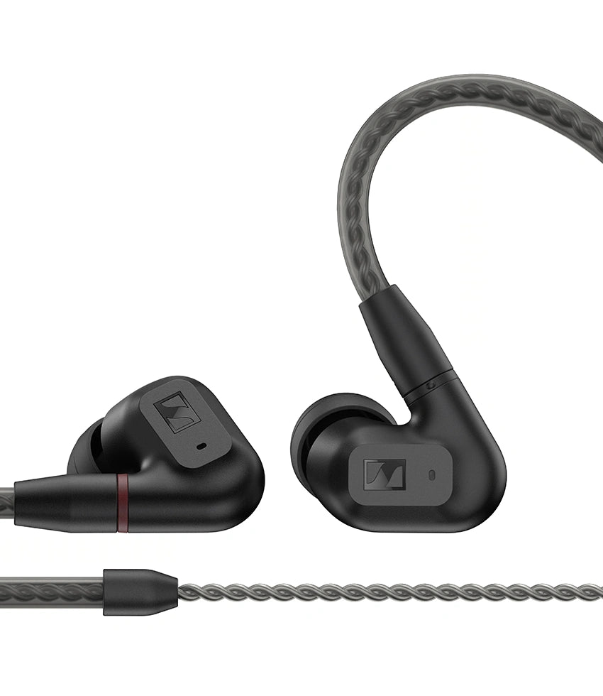 Sennheiser IE 200 wired in-ear headphones, close-up detail, black