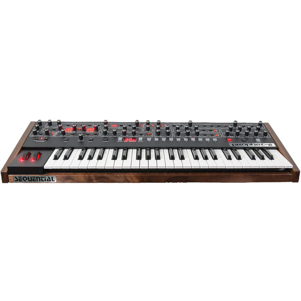 Sequential Prophet-6 synthesizer with keyboard, featuring vintage-style knobs and modern controls for classic sound creation.