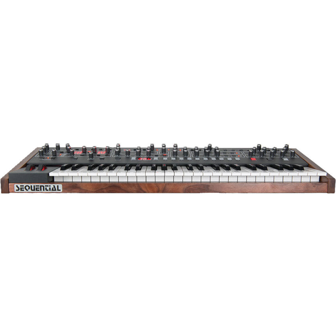 Sequential Prophet-6 synthesizer with vintage-style controls and keyboard, featuring dual oscillators and analog sound circuitry.