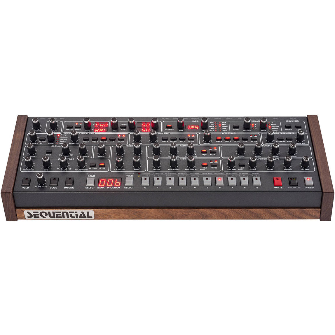 Sequential Prophet-6 Desktop synthesizer with dual oscillators and vintage-style control knobs in a sleek black finish.
