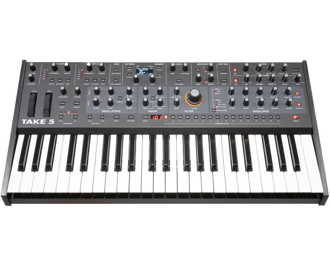 Sequential Take 5 synthesizer with a compact keyboard and control panel, featuring knobs and buttons for sound modulation.