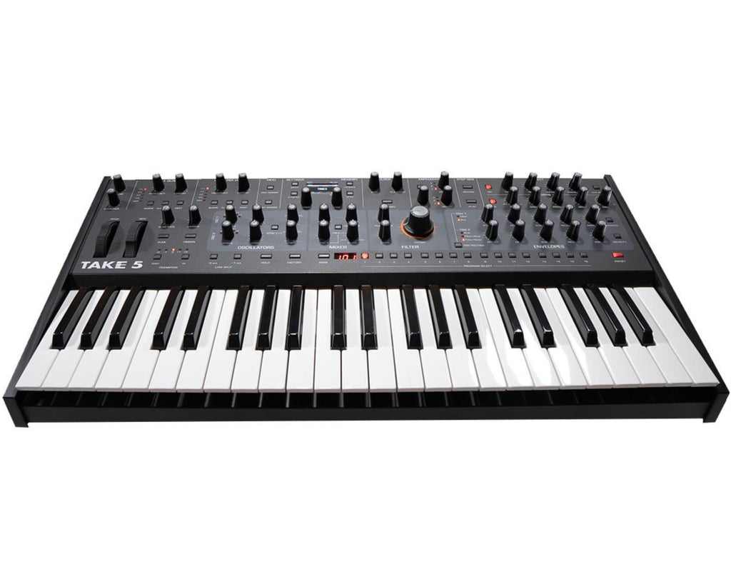 Sequential Take 5 synthesizer keyboard with control knobs and buttons, showcasing its compact design and interface.