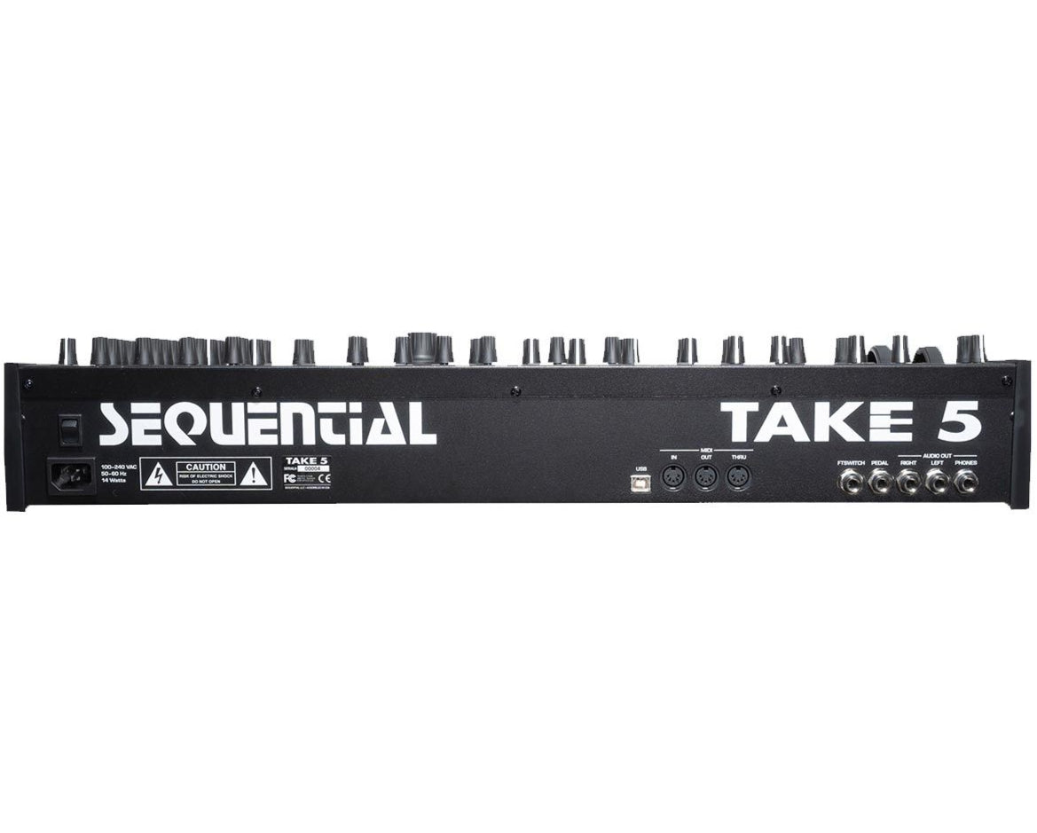 Sequential Take 5 synthesizer with colorful knobs and buttons, showcasing its compact design and control interface.