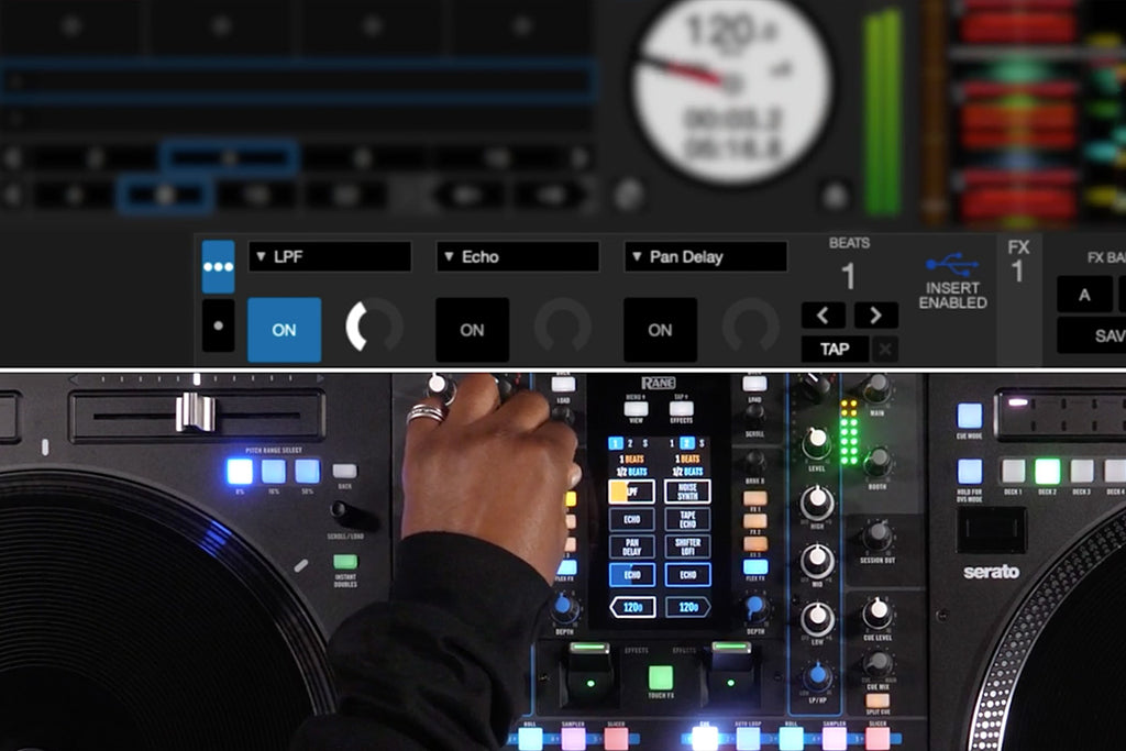 Serato DJ Expansions logo and interface preview showcasing Serato DJ software features and effects.