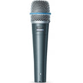 Shure Beta 57A dynamic microphone with a metal grille and black body, designed for professional vocals and instrument amplification.