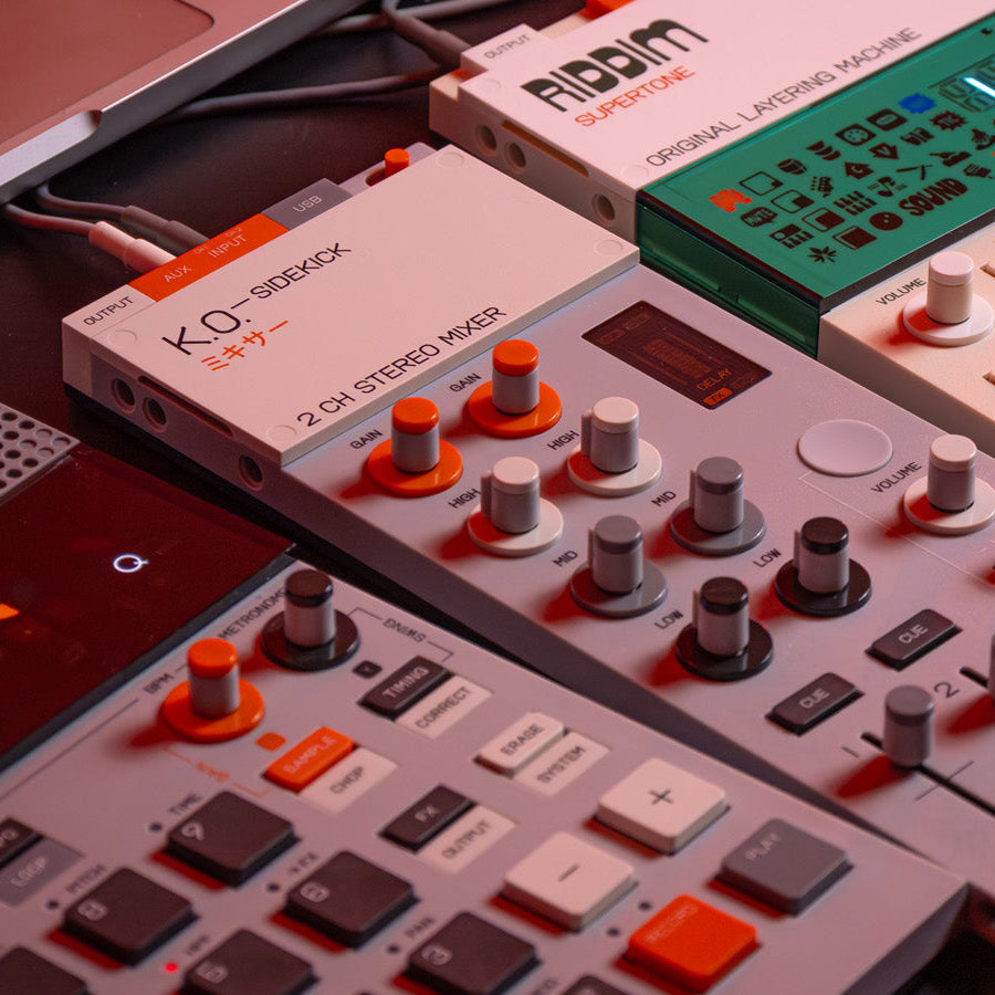 Teenage Engineering EP-136 K.O. Sidekick DJ mixer with colorful knobs and compact design, ideal for portable DJ setups.