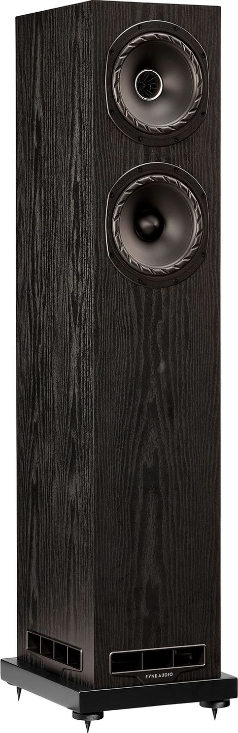 Fyne Audio F501E passive floorstanding speakers with sleek black cabinets and modern design, ideal for high-quality home audio systems.
