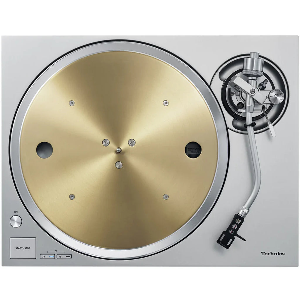 Technics SL-1300G turntable with a sleek black finish, featuring a tonearm and control knobs on the top surface.