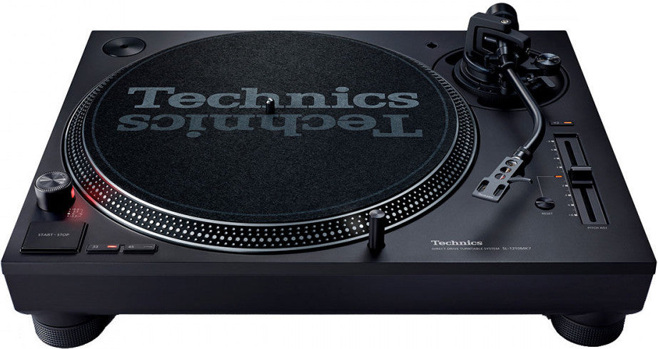 Technics SL-1210MK7 DJ turntable with black matte finish, featuring tonearm and control panel visible from the front view.