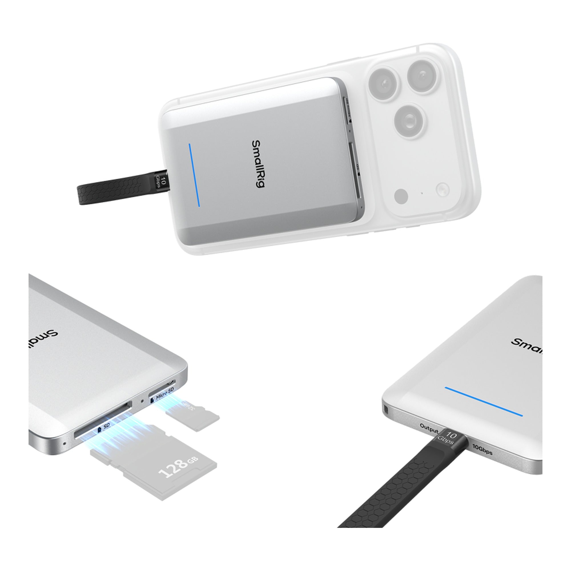 SmallRig Multifunctional Portable SSD magnetically attached to a smartphone