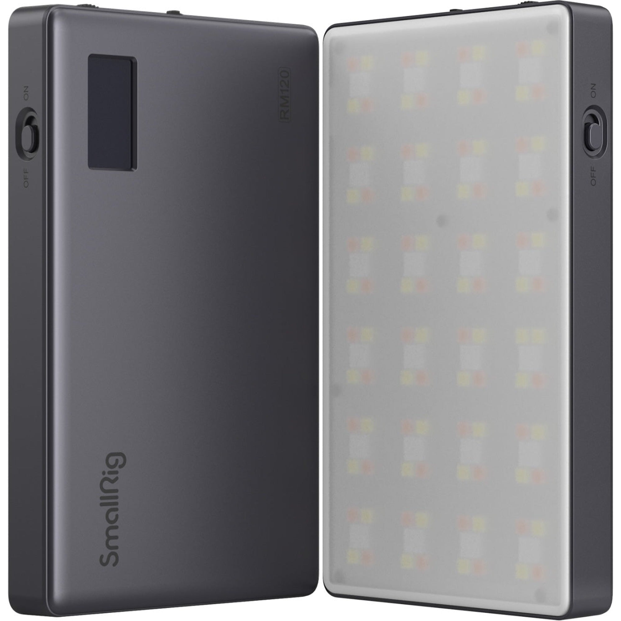 SmallRig RM120 RGB video light showing adjustable color temperature and brightness settings on its compact design.