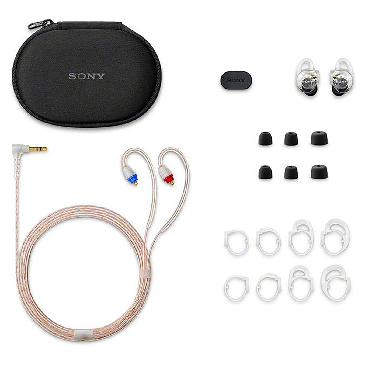 Sony IER-M500 box contents: carrying case, detachable cable, ear tips and ear hangers
