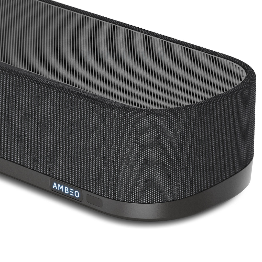 Sennheiser Ambeo Soundbar Plus with sleek black design, detailed controls, and multiple speaker drivers for immersive TV audio.