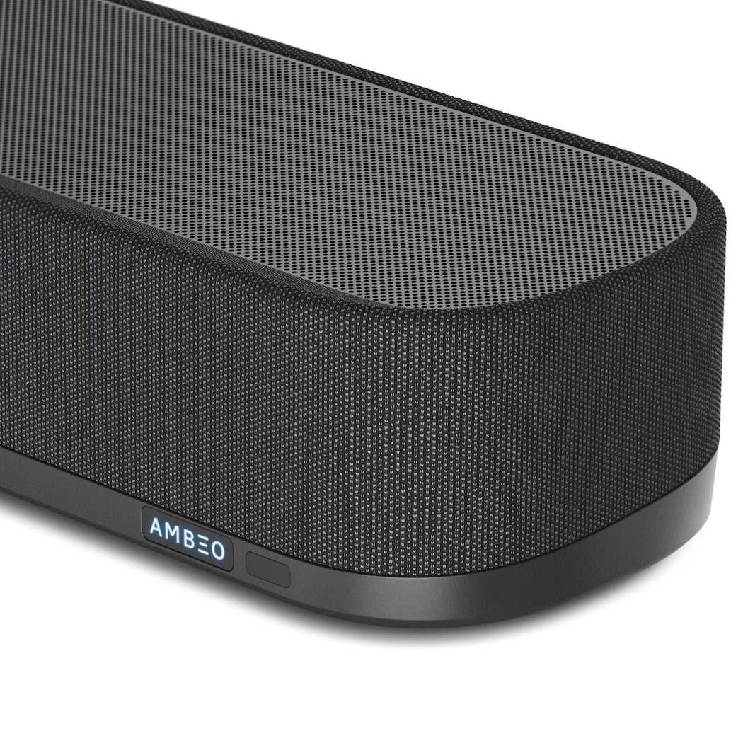 Sennheiser Ambeo Soundbar Plus with sleek black design, detailed controls, and multiple speaker drivers for immersive TV audio.