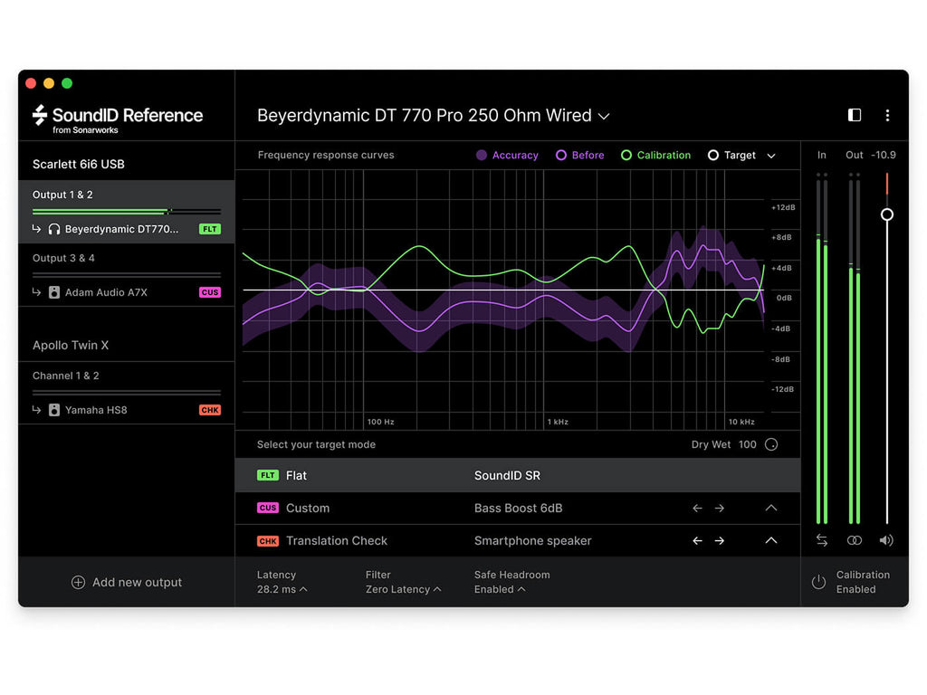 Sonarworks SoundID Reference app on dark mode screen with headphone preset and measurement microphone for accurate music production.