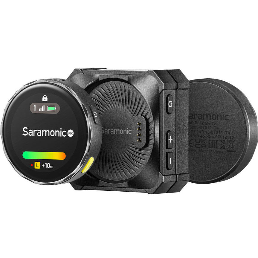 Saramonic BlinkMe B2 creator wireless microphone system with sleek black transmitter and receiver for high-quality audio recording.